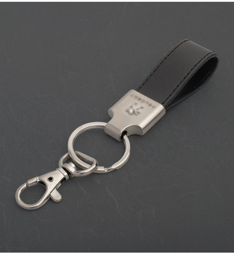キーリング 本革レザーストラップ付き金属フック式キーリング
