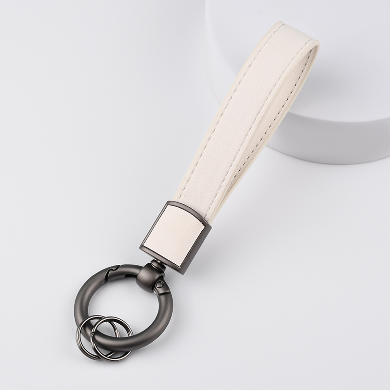 キーリング 上質本革ストラップ付き二重レザーリングキーホルダー
