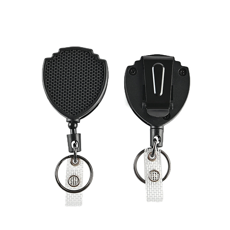 キーリング シンプル盾型リール式伸縮コード付きキーリング