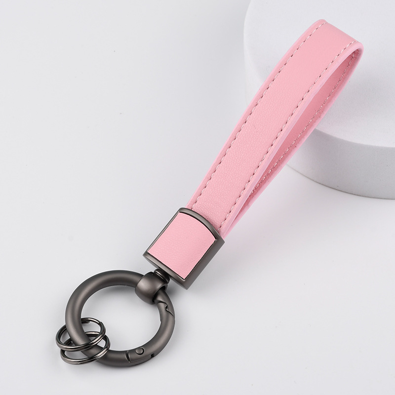 キーリング 上質本革ストラップ付き二重レザーリングキーホルダー