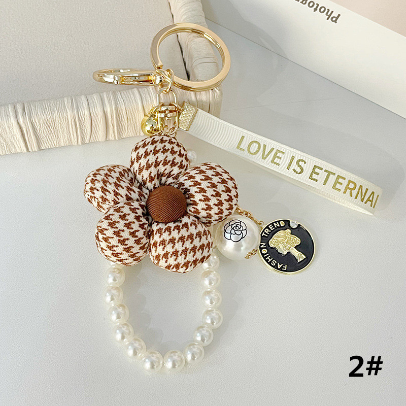チェック柄フラワー パール付きキーリング バッグ飾り
