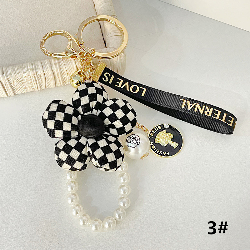 チェック柄フラワー パール付きキーリング バッグ飾り