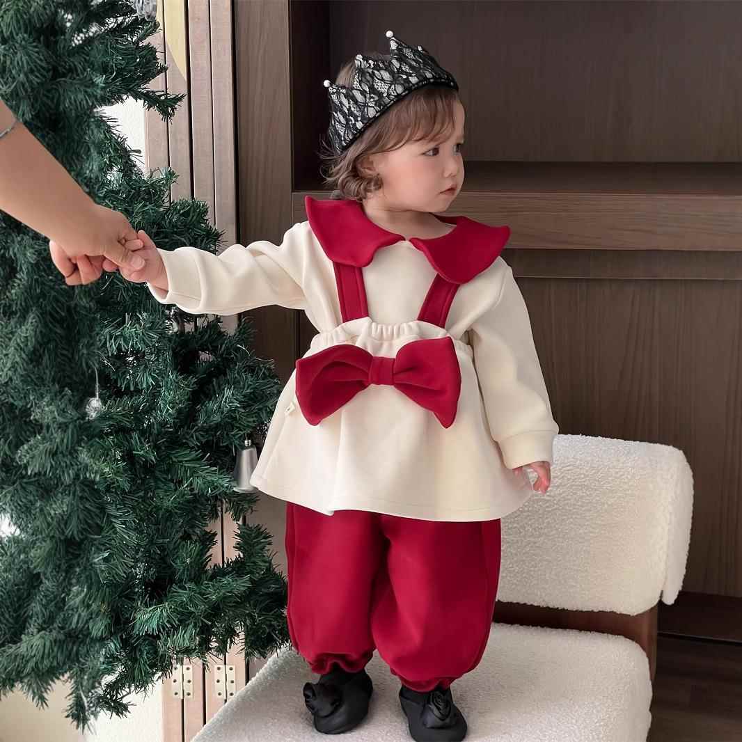 こどもコスプレ リボン付きクリスマスオーバーオール