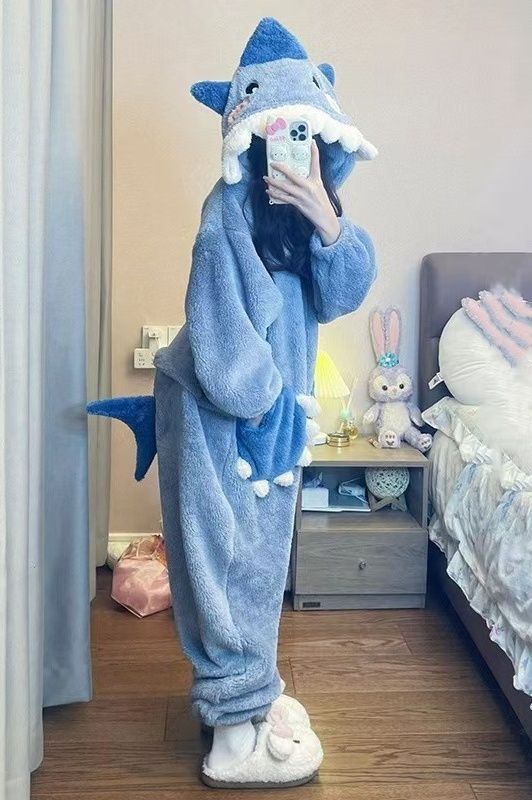 着ぐるみ サメ耳フード付きもこもこ着ぐるみパジャマ レディース 秋冬 裏起毛 厚手 防寒 ルームウェア