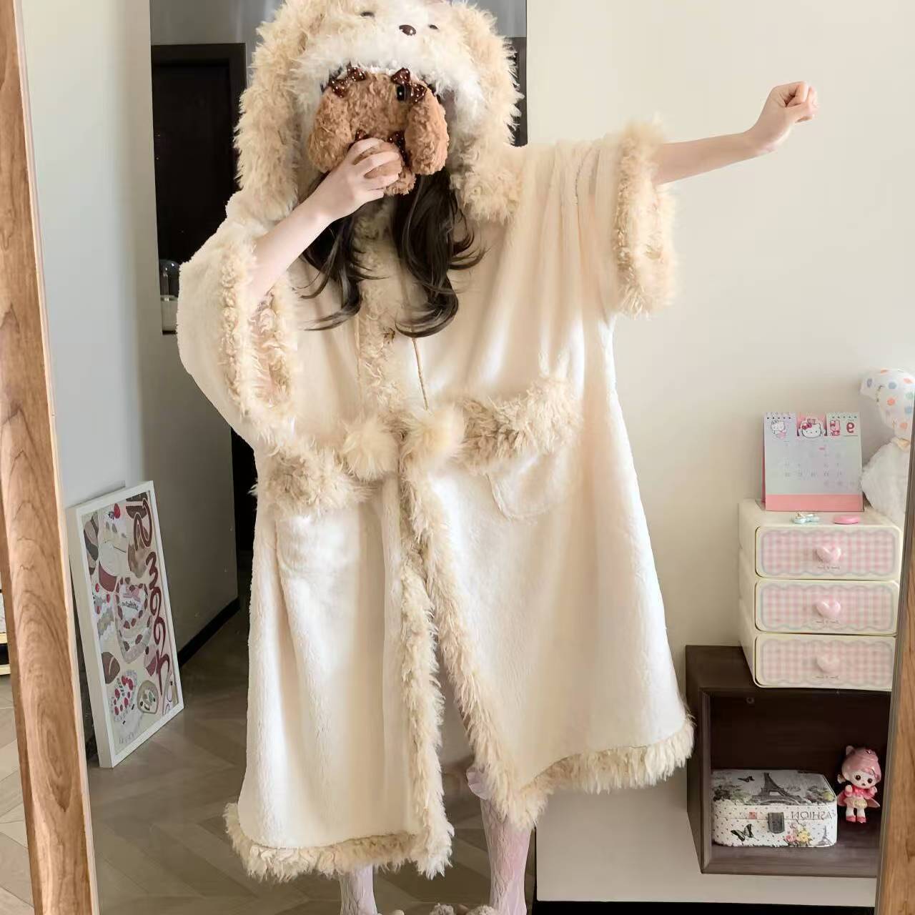着ぐるみ 犬モチーフ もこもこパジャマセット レディース 秋冬 裏起毛 厚手 サンゴフリース ルームウェア