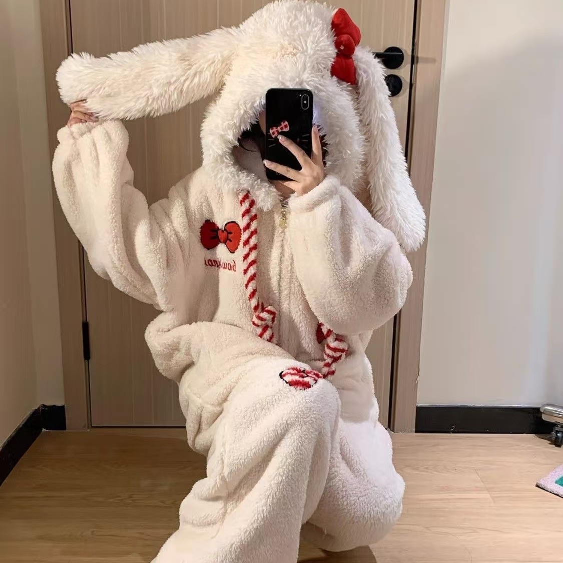 着ぐるみ うさぎ耳フード付きリボン着ぐるみパジャマ上下セット