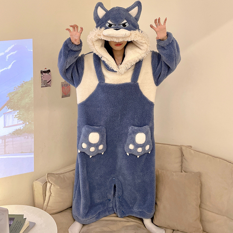 着ぐるみ オオカミ柄フード付きもこもこ着ぐるみパジャマ レディース 秋冬 厚手 大きいサイズ ゆったり ルームウェア