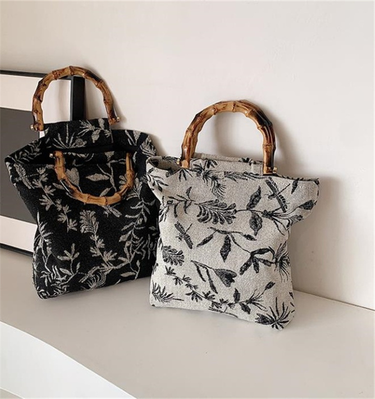 着物バッグ 竹節持ち手 和柄草花刺繍トートバッグ 大容量