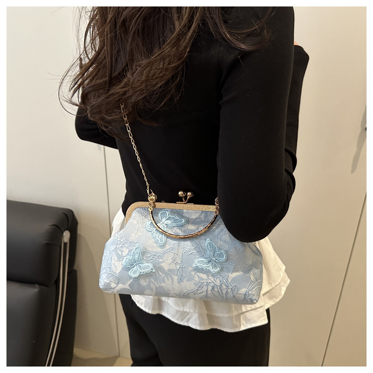 着物バッグ 蝶々刺繍がま口和装ショルダーバッグ