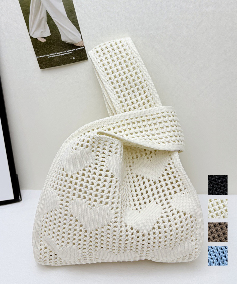 着物バッグ ハート柄編みトートバッグ 軽量ミニ鞄