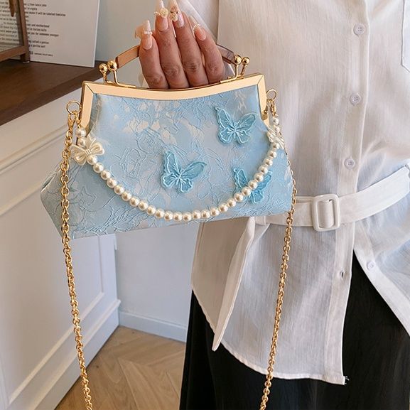 着物バッグ 蝶花刺繍がま口ショルダー