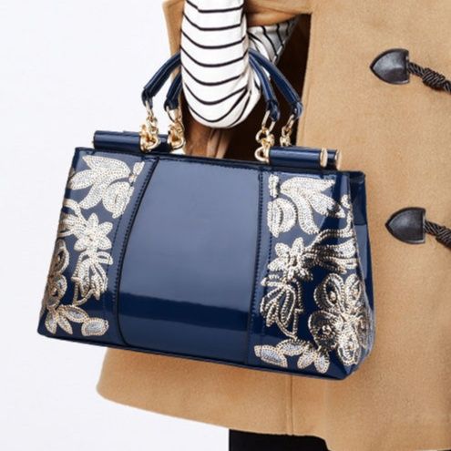 着物バッグ 華やか刺繍飾り光沢エナメル二方向仕立てバッグ