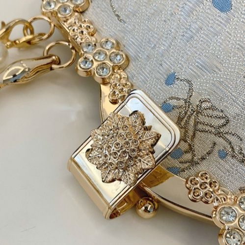 着物バッグ 花鳥刺繍がま口パール持ち手ショルダーバッグ