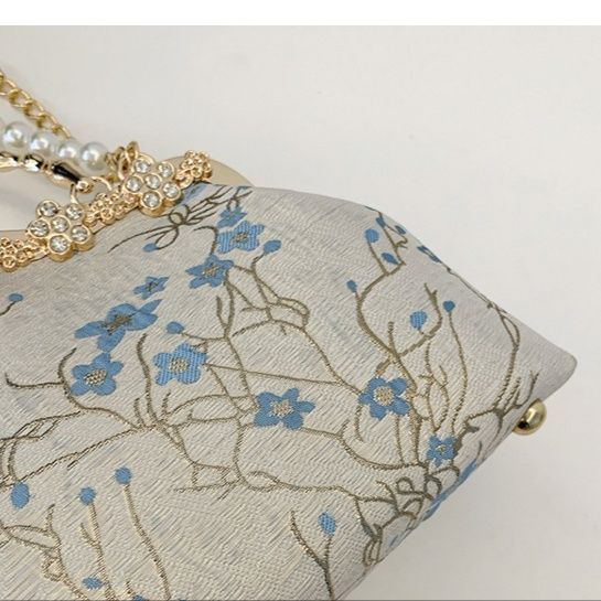着物バッグ 花鳥刺繍がま口パール持ち手ショルダーバッグ