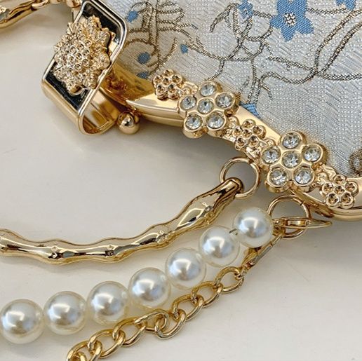 着物バッグ 花鳥刺繍がま口パール持ち手ショルダーバッグ