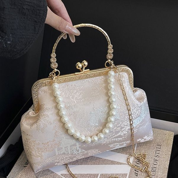 着物バッグ 花刺繍パール飾りがま口ショルダーバッグ