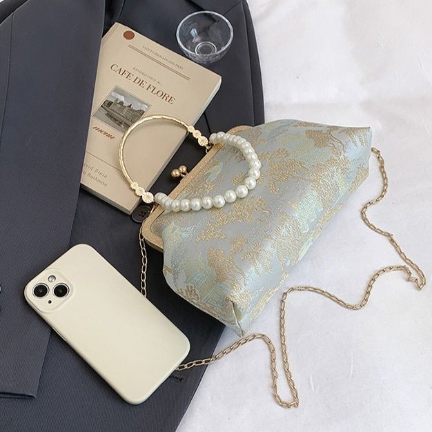 着物バッグ 花刺繍パール飾りがま口ショルダーバッグ