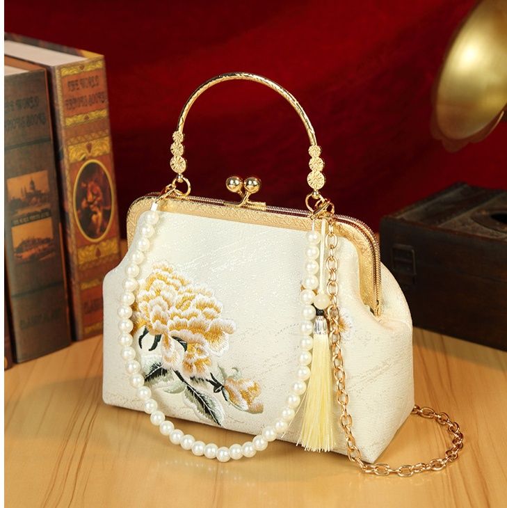 着物バッグ 牡丹刺繍がま口和装ショルダーバッグ