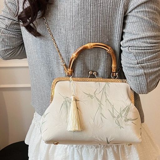 着物バッグ 竹柄刺繍がま口バンブーハンドル和装ショルダーバッグ