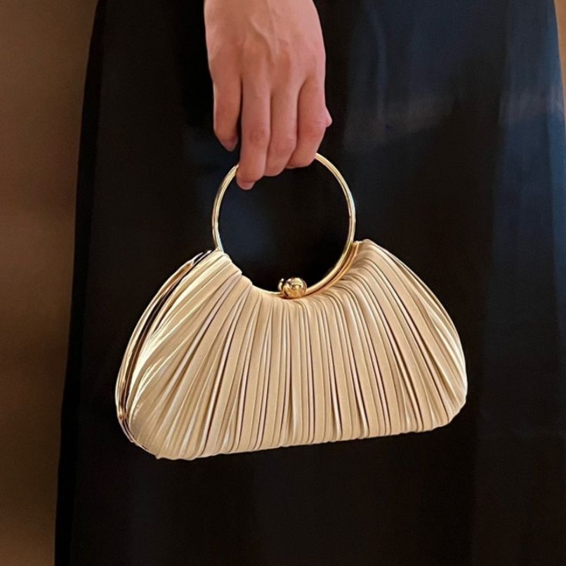 着物バッグ プリーツ加工丸型持ち手付きクラッチバッグ