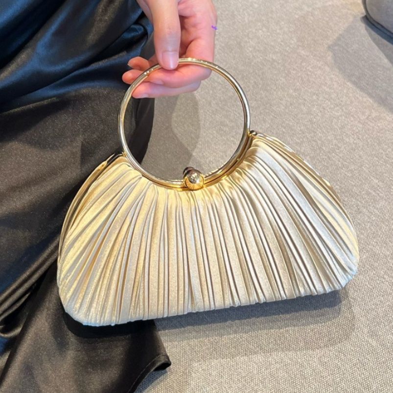 着物バッグ プリーツ加工丸型持ち手付きクラッチバッグ