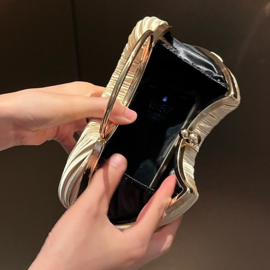 着物バッグ プリーツ加工丸型持ち手付きクラッチバッグ