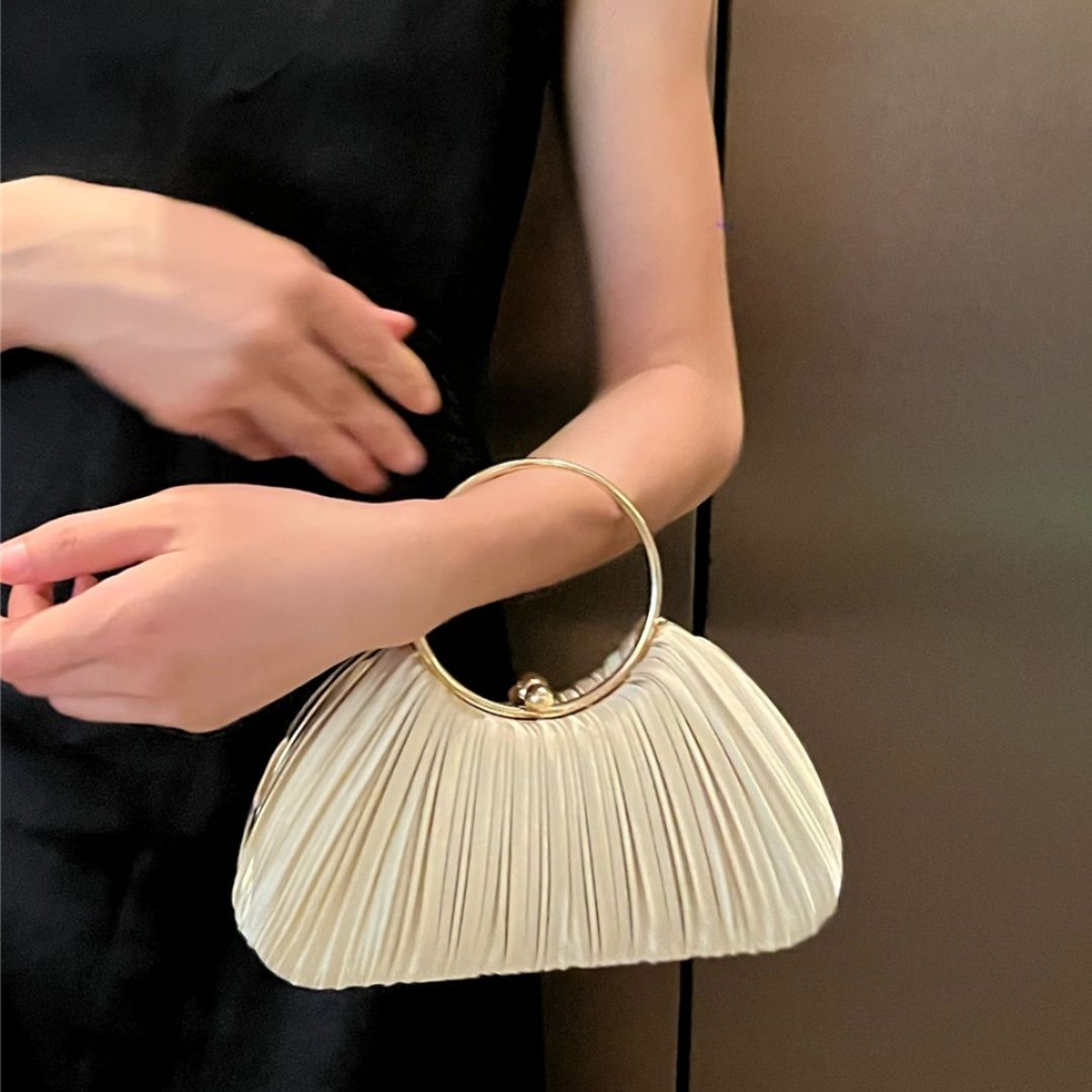 着物バッグ プリーツ加工丸型持ち手付きクラッチバッグ