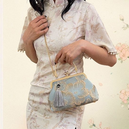 着物バッグ 花柄刺繍がま口着物バッグショルダーバッグ
