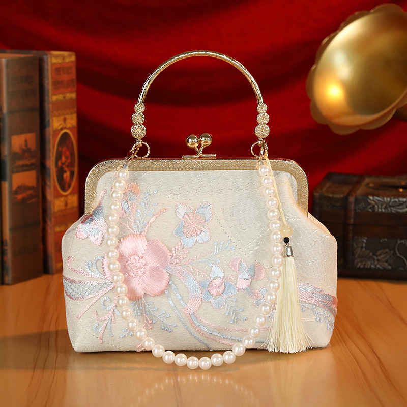 着物バッグ 花柄刺繍がま口ショルダーバッグ真珠飾り付き