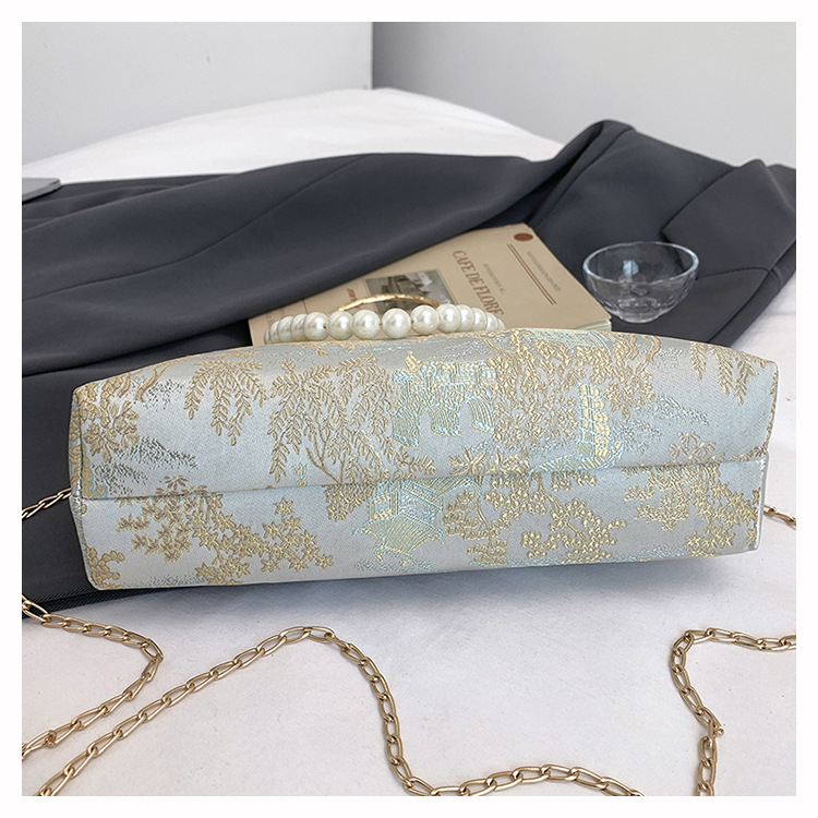 着物バッグ 花刺繍パール飾りがま口ショルダーバッグ