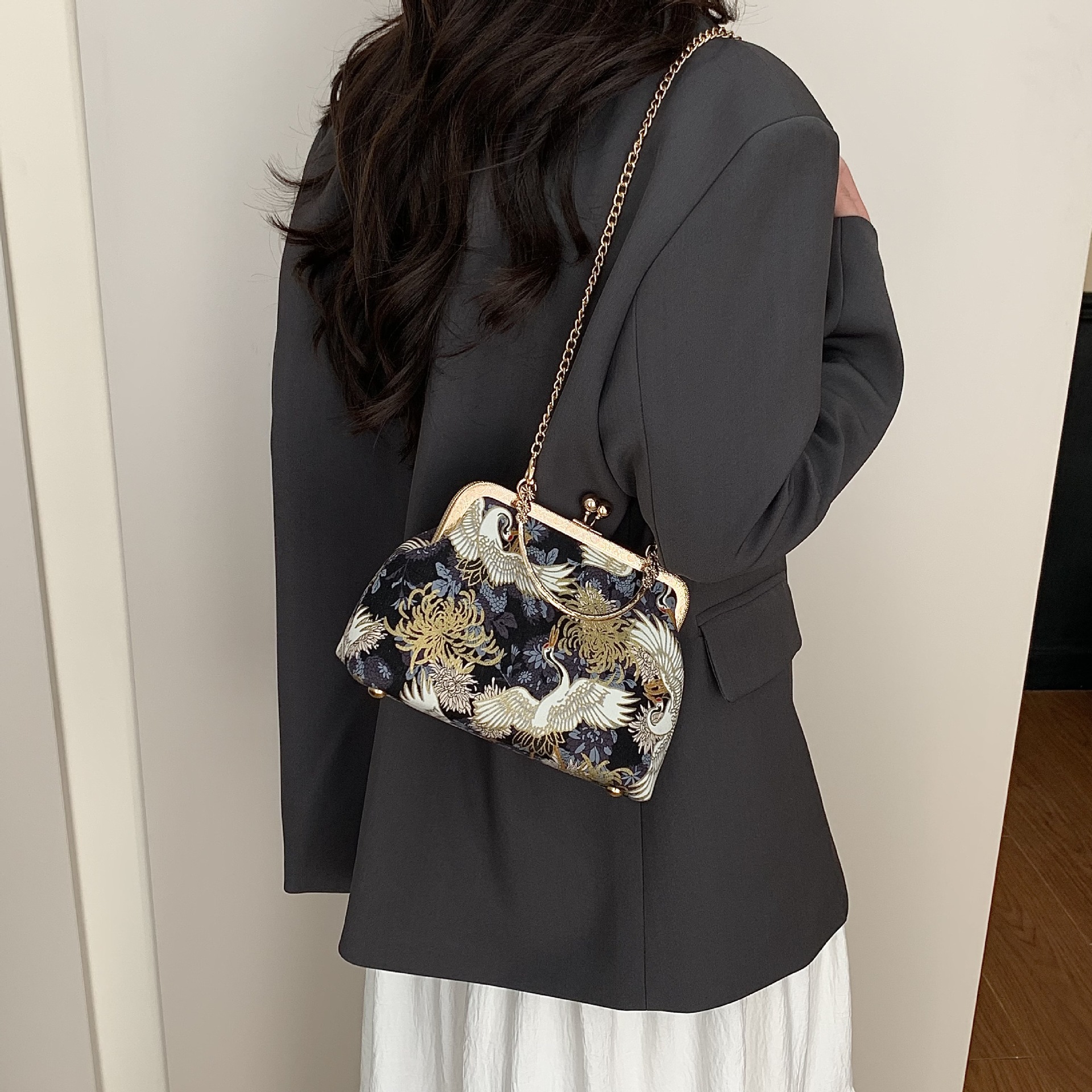着物バッグ 鶴花舞姫 がま口ショルダー