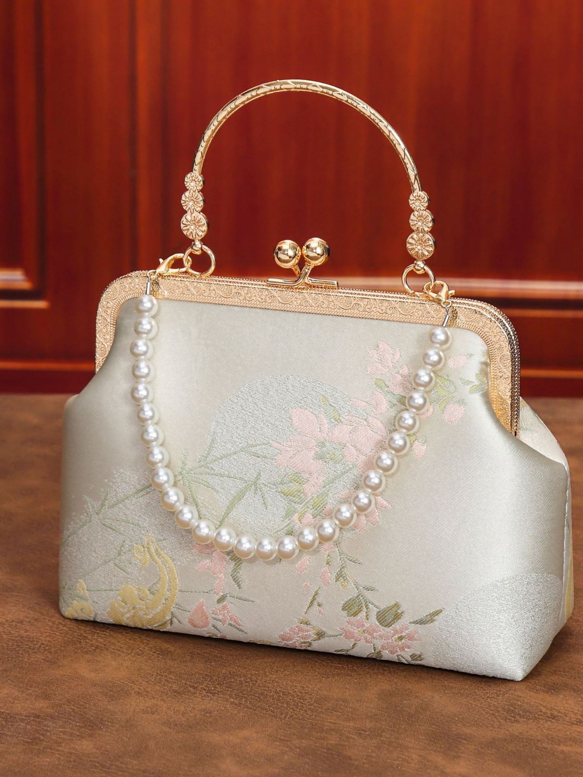 着物バッグ 花鳥刺繍がま口ショルダーバッグ真珠飾り付