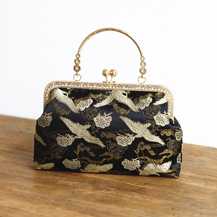 着物バッグ 鶴と松の刺繍がま口和装ショルダーバッグ