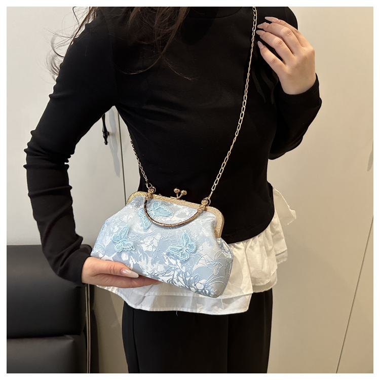 着物バッグ 蝶々刺繍がま口和装ショルダーバッグ