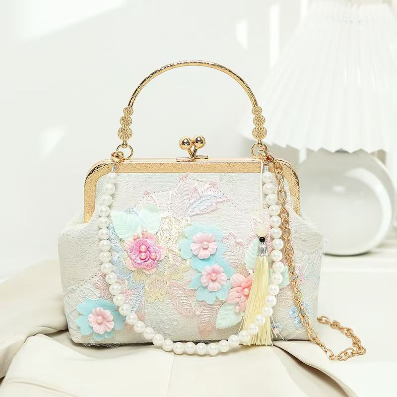 着物バッグ 花飾り刺繍がま口ショルダーバッグ