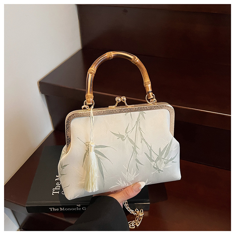 着物バッグ 竹柄刺繍がま口バンブーハンドル和装ショルダーバッグ