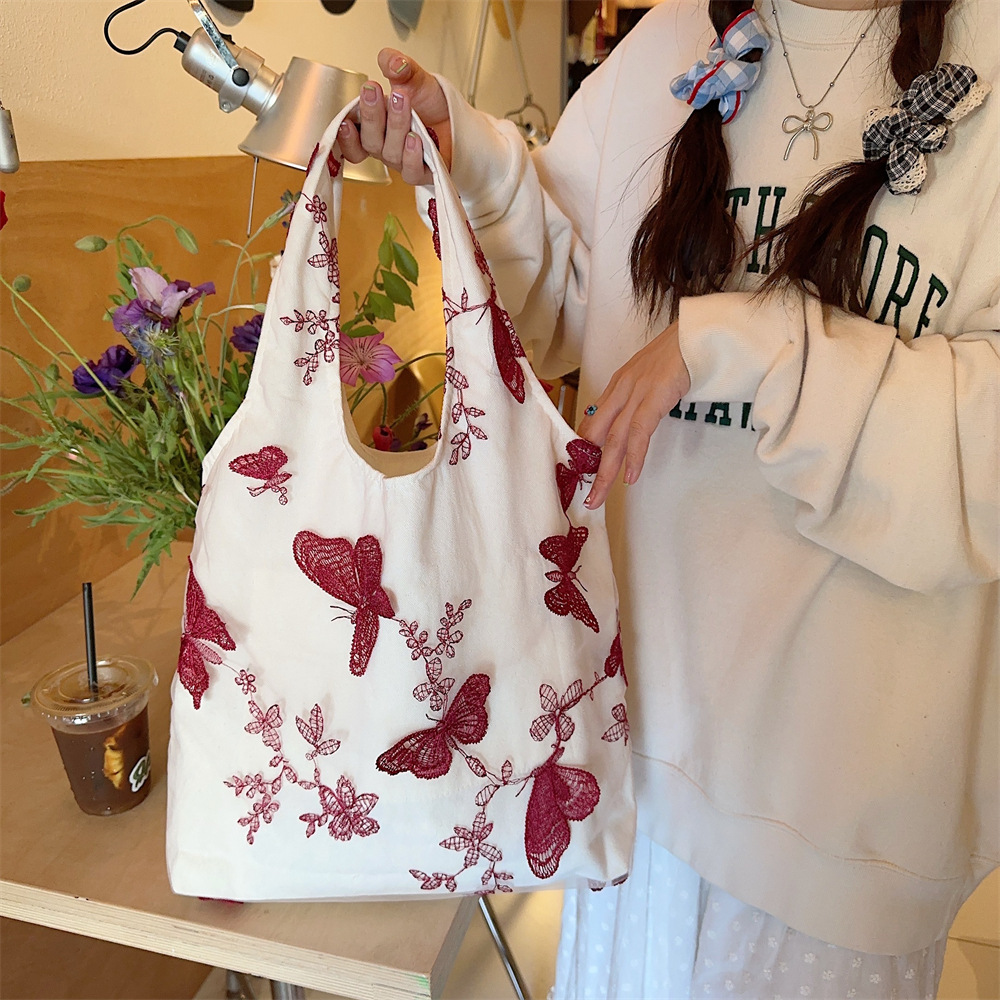 着物バッグ 蝶々舞う刺繍入りトートバッグ