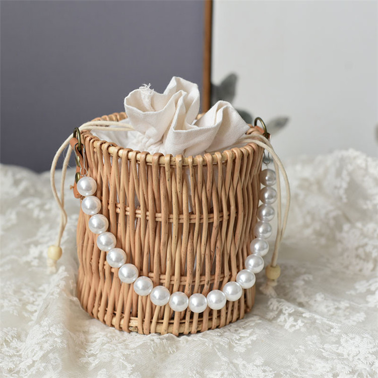 着物バッグ 真珠付き竹編み巾着かごバッグ