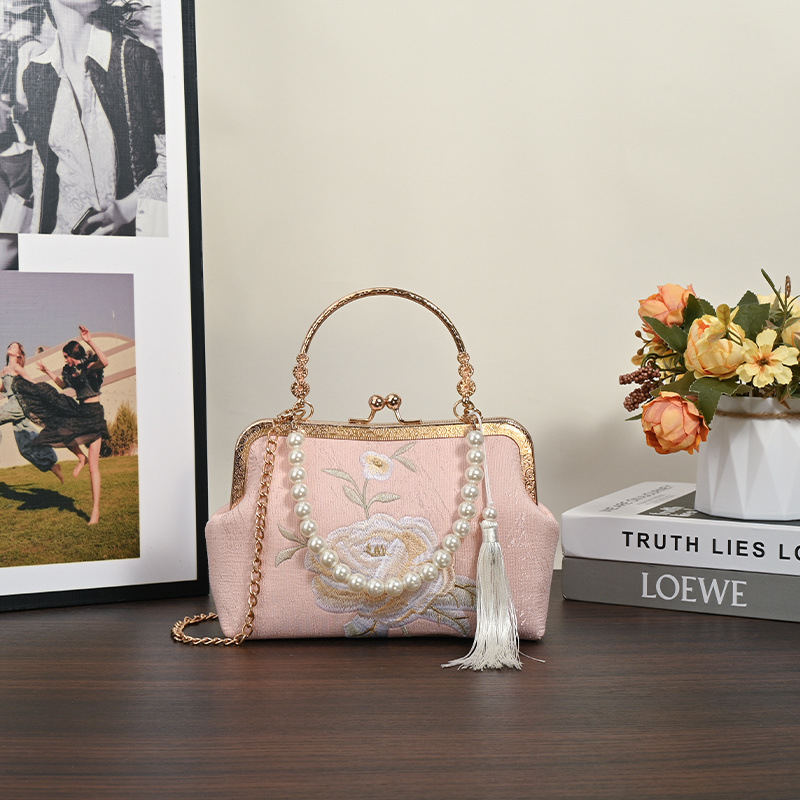 着物バッグ 花刺繍パール飾りがま口ショルダーバッグ