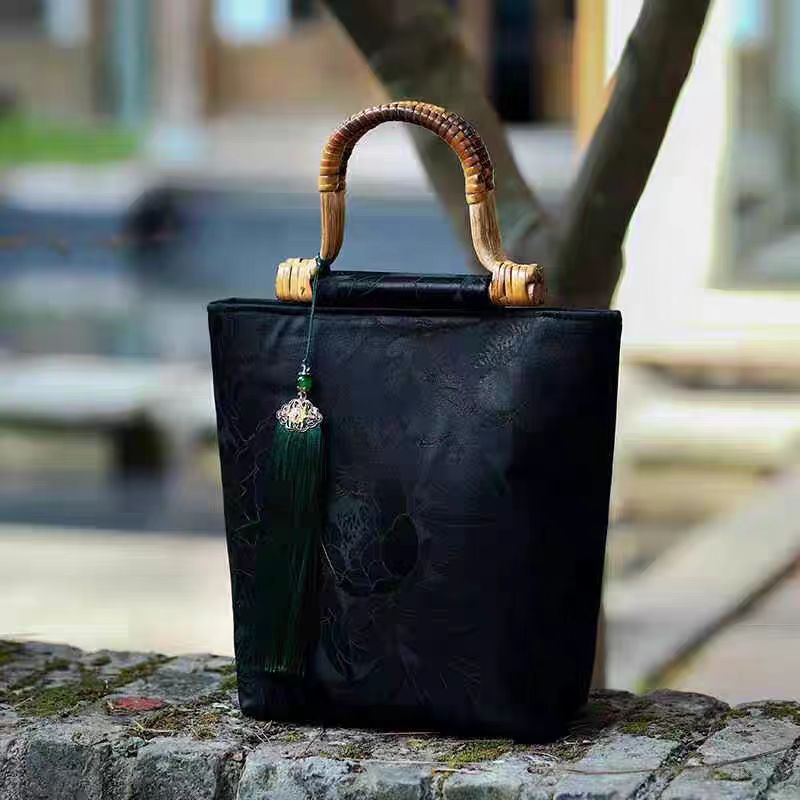 着物バッグ 竹持ち手花鳥刺繍和装トートバッグ