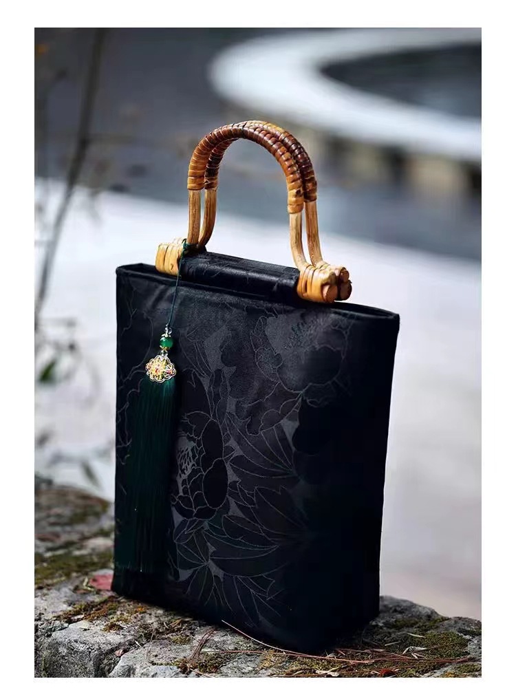 着物バッグ 竹持ち手花鳥刺繍和装トートバッグ