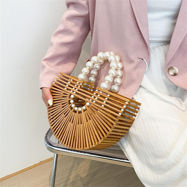 着物バッグ 竹編み半月型バッグ パール持ち手付き