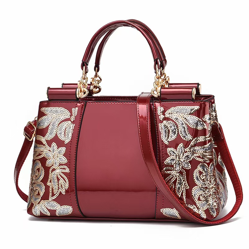 着物バッグ 華やか刺繍飾り光沢エナメル二方向仕立てバッグ