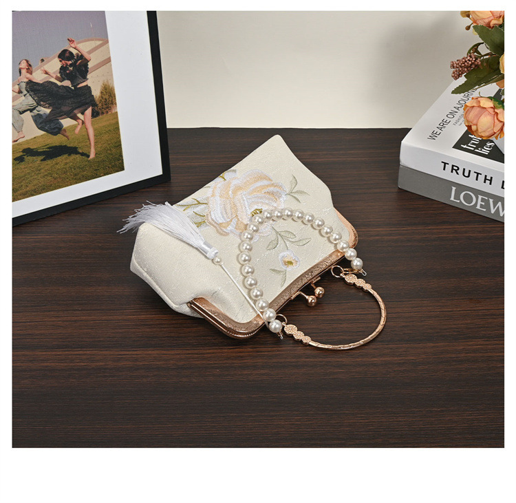 着物バッグ 花刺繍パール飾りがま口ショルダーバッグ