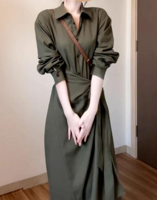 キレイめファッション 上品シャツワンピース長袖ウエストリボンロング丈