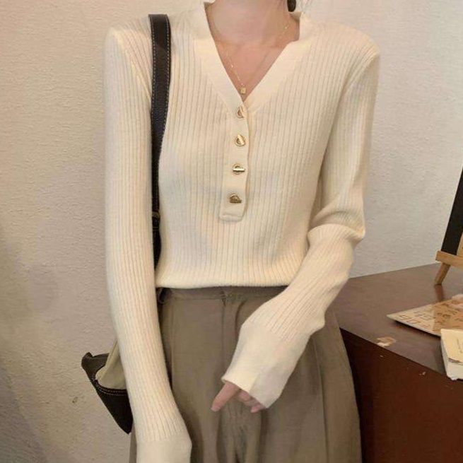 キレイめファッション  リブ編ニットみきれいめVネックカーディガン