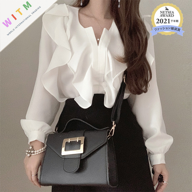 キレイめファッション 春夏新作フレア襟ブラウス長袖白シャツ