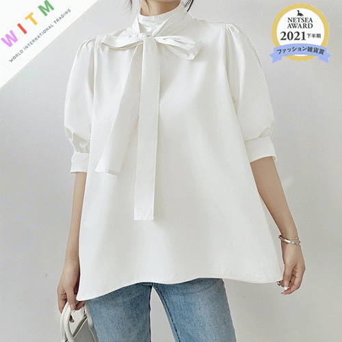 キレイめファッション パフスリーブリボン付きブラウス五分袖