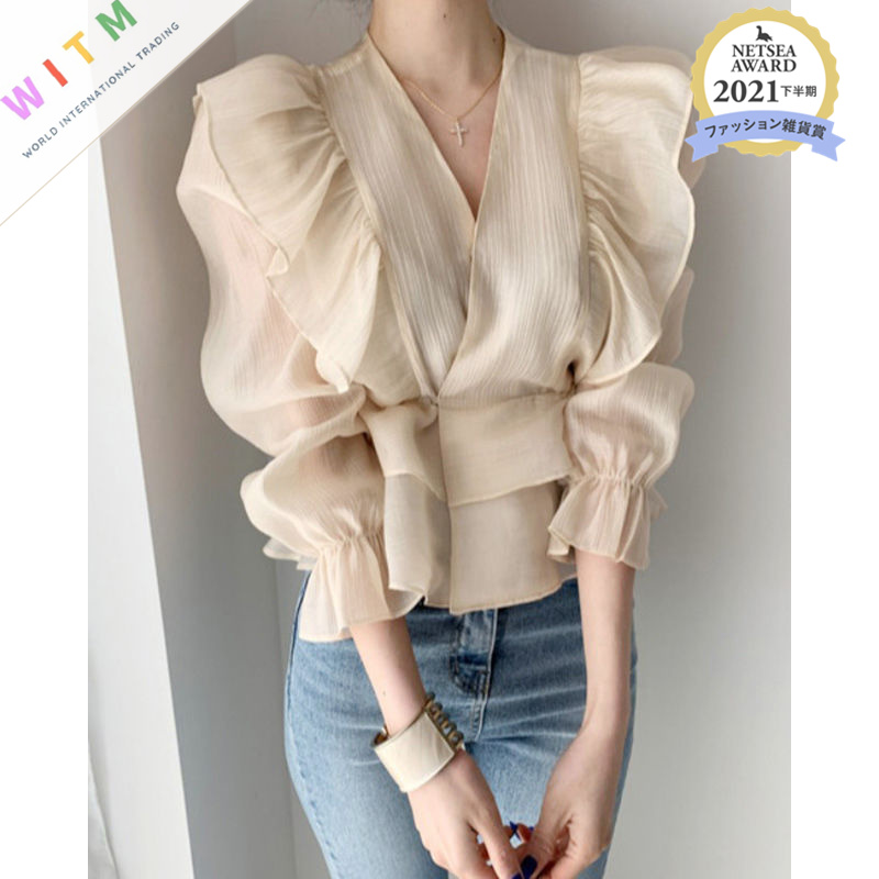 キレイめファッション 透け感シフォンブラウス 長袖 Vネック フレア袖 レディース