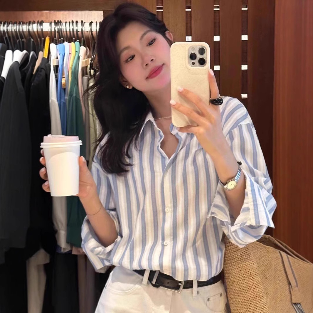 キレイめファッション 上品ストライプブラウス長袖シャツ